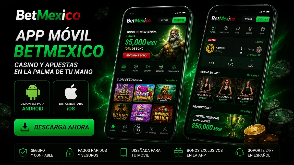 App de BetMexico Casino 2026 instalada en un celular Android con el lobby de tragamonedas y el menú de apuestas deportivas