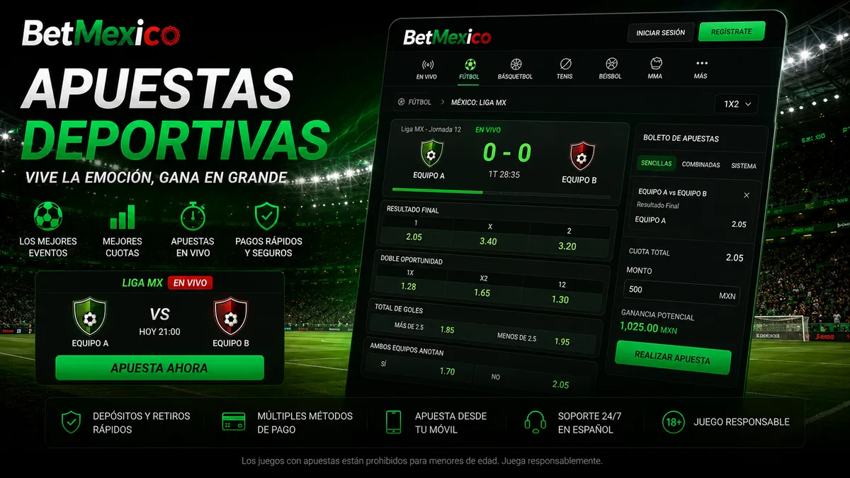Boleta de apuestas deportivas BetMexico con un partido de Liga MX, cuotas de resultado final y opción de cash out