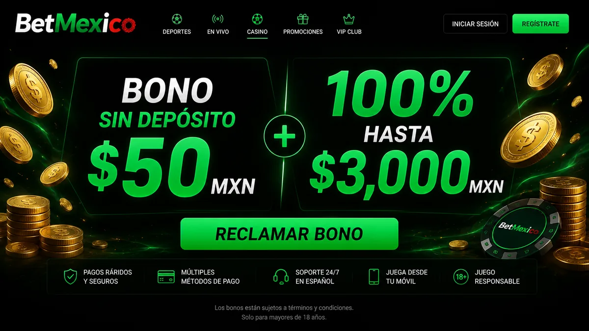Bono sin depósito BetMexico de $50 MXN con 0x de requisitos de apuesta acreditado tras verificar la cuenta