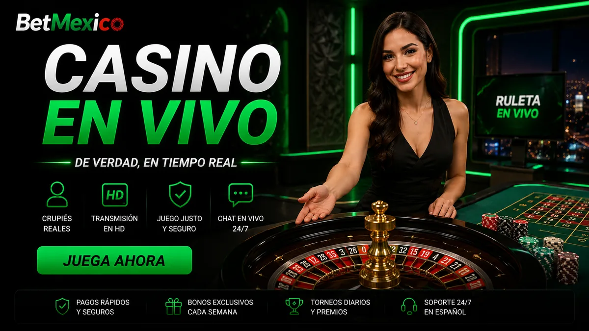 Casino en vivo de BetMexico 2026: mesa de ruleta con crupier real y tapete de apuestas superpuesto en pantalla