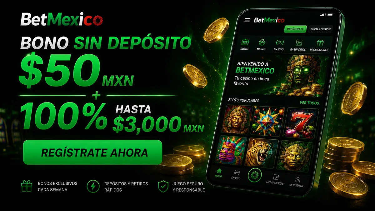 BetMexico Casino México 2026: pantalla principal con bono de $50 MXN sin depósito