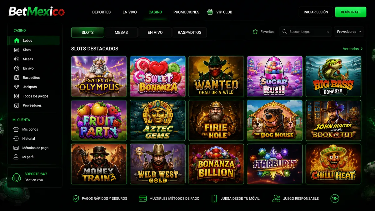 Lobby de tragamonedas de BetMexico Casino con Aviator, Gates of Olympus y Sweet Bonanza