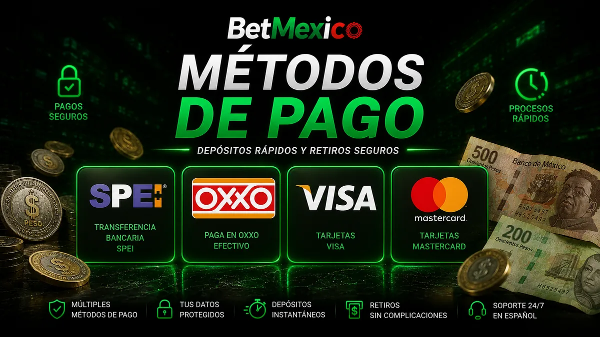 Métodos de pago de BetMexico Casino: depósito en efectivo por OXXO desde $100 MXN y retiro por SPEI desde $200 MXN
